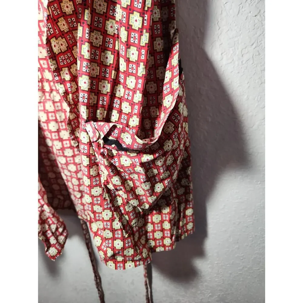 Vintage Handmade Womens Full Apron Red Geometric Print Black Ric Rac Pockets